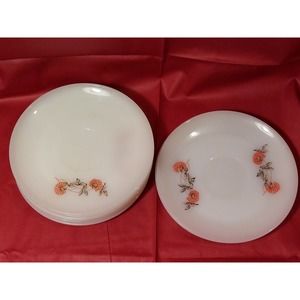 Fire King Anchor Hocking Milk Glass Fleurette Teacup Plates Pink Flowers Set/8